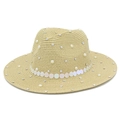 Detail of light beige straw fedora hat featuring pearls, rhinestones and iridescent sequins - One Size / Khaki