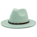 Macro shot of mint green fedora hat with brown leather band and turquoise studs - One Size / Mint Green