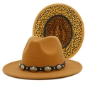 Detail of camel wool fedora with leopard print brim lining and metallic belt trim - One Size / Brown