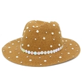 Detail of handwoven straw hat showing elegant pearls, rhinestones and sequin band trim - One Size / Coffee