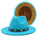 Detail of turquoise fedora hat with silver studs and leopard print inner brim - One Size / Sky Blue