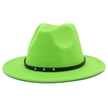 Detail of neon green wool fedora hat featuring black leather band and turquoise beads - Fluorescent Green