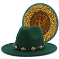 Dark green wool fedora with metal buckle strap and stylish leopard print brim lining - One Size / Dark Green