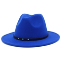 Detailed macro view of the royal blue wool fedora hat with turquoise bead band embellishments - Sapphire Blue