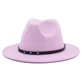 Detail of pink fedora hat featuring black leather band and turquoise studs over wool felt - Light Purple