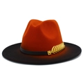 Detail of felt fedora hat featuring orange-to-black gradient and gold leaf ornament - Caramel Orange Black Gradient (10#)