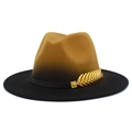 Detail of the brown to black gradient wool fedora hat with a golden feather pin - Tan Black Gradient (11#)