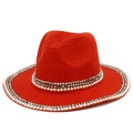 Red straw sun hat for women with elegant pearl and stud embellishments on brim - Red