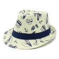 Cappello fedora in paglia estiva con motivo surf e nastro blu su sfondo bianco - Taglia unica / Beige