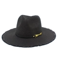 Classic black straw sun hat with frayed brim and elegant gold metal side buckle - Black