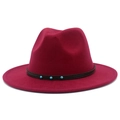 Detail of burgundy fedora hat with brown braided band and turquoise bead accents - Burgundy