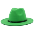 Detail of bright green felt fedora hat featuring a black belt with turquoise stone accents - Grass Green