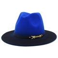 Detailansicht des Verlaufs-Wollfilzhutes mit schicker Goldschnalle und schwarzem Zierband - Einheitsgröße / Blau & Schwarz Farbverlauf