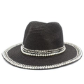 Dark brown straw panama hat with white pearls and silver metal studs for sun protection - Black