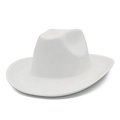 Detail of white wool cowboy fedora hat showing textured felt fabric and curved brim - White