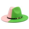 Cappello fedora bicolore rosa e verde a tesa larga con cintura in pelle nera e fibbia - Rosa e Verde