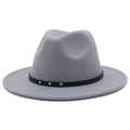 Close-up of grey wool fedora hat with black leather band and turquoise stone details - Gray