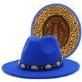 Detail of blue wool fedora featuring metallic studded leather band and leopard print lining - One Size / Sapphire Blue