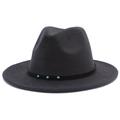 Detailed close-up of a dark grey wool fedora hat with a decorative blue turquoise band - Dark Gray