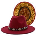 British style wine red wool fedora with leopard print brim and metal belt trim - One Size / Burgundy