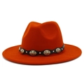 Cappello Fedora in feltro arancione con fascia in pelle nera e fibbie metalliche vintage - Arancione Scuro
