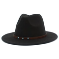 Detail of black fedora hat with brown leather band and turquoise stone accents - Black
