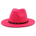 Detail of fuchsia wool fedora hat featuring black braided band and turquoise bead accents - Rose Red