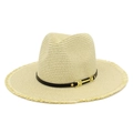 Detail view of woven straw hat featuring frayed edges and brown leather band with buckle - Khaki