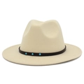 Detail of wide brim fedora hat with brown band and turquoise beads in cream felt - Beige