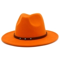Detail of orange wool fedora with brown faux leather band and turquoise studs - One Size / Orange