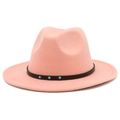 Detail of pink fedora felt hat showing black leather strap with turquoise style studs - Flesh Pink