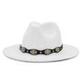 Cappello fedora in feltro bianco con fascia in pelle nera e medaglioni in metallo vintage - Bianco
