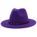 Close-up of a purple fedora hat with brown leather band and turquoise bead detailing - One Size / Purple