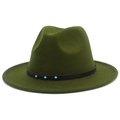 Close-up of army green wool fedora hat featuring black braided band and turquoise beads - Army Green