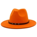 Detail of orange fedora hat with black leather band and turquoise studs decorative buckle - Orange