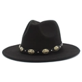 Detail of black wool fedora featuring a leather belt with vintage golden metal studs - Black