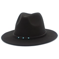 Detail of black fedora hat with woven band and three turquoise bead accents - Black