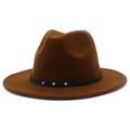 Detail of dark brown fedora hat with wide brim and leather band with turquoise accents - Coffee