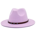 Detail of pink wool fedora hat featuring a brown leather band and turquoise stone studs - One Size / Light Purple