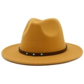 Detail of mustard yellow fedora hat featuring a brown leather band and turquoise studs - One Size / Khaki