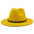 Detailed shot of yellow wool fedora hat featuring a black leather band and turquoise beads - Yellow