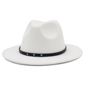 Detailed view of white wool fedora hat with black leather band and turquoise studs decoration - White
