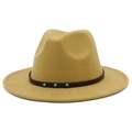 Detail of khaki wool fedora with brown leather band featuring turquoise stud accents - Camel