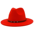 Detail of red fedora hat with brown leather band and turquoise bead accents - One Size / Red