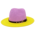 Two-tone woven straw hat in purple and yellow with rivet band and gold buckle - One Size / Light Purple & Bright Yellow (9#)