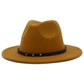 Detail of ginger wool fedora hat with brown leather band and turquoise studs - Brown