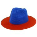 Two-tone blue and red wide brim Panama straw sun hat with classic jazz style weave - Royal Blue Top Red Brim (5#)