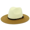 Detail of two-tone straw sun hat featuring a leather band with golden metal studs - One Size / Light Yellow & Tan (7#)