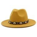 Detail of yellow wool felt fedora with black leather band and silver concho studs - Khaki