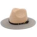 Detail view of two-tone straw fedora hat featuring black leather band and metal rivets - One Size / Beige & Gray (4#)